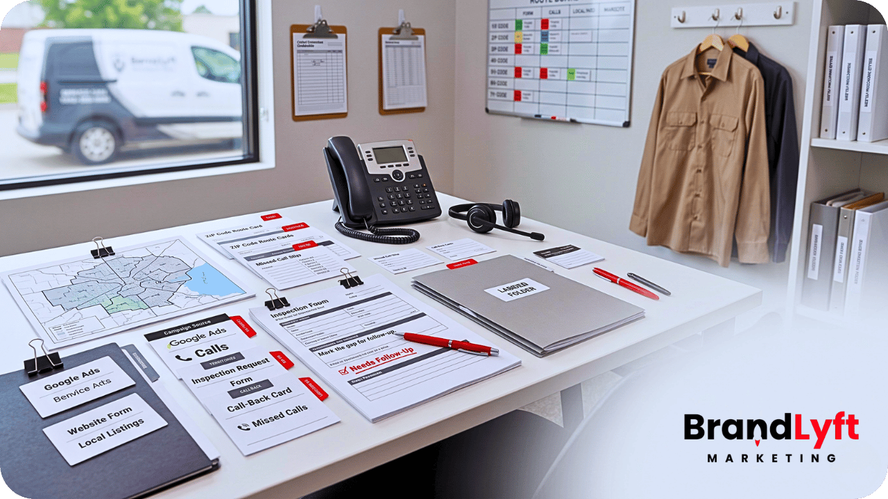 GoHighLevel for pest control franchises shown through a realistic dispatch table with territory routing, missed-call slips, booking reminders, technician notes, and campaign source cards.