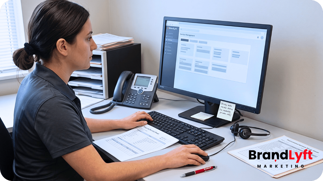 Pest control re-treatment request tied to the existing property, prior service record, and office review inside GoHighLevel