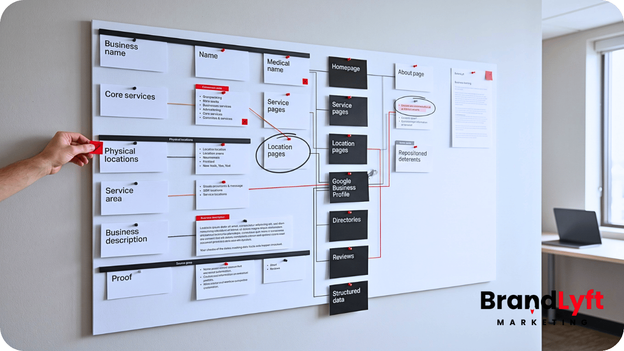 Wall-mounted business fact map organizing company name, services, locations, and source pages to trace conflicting public information.