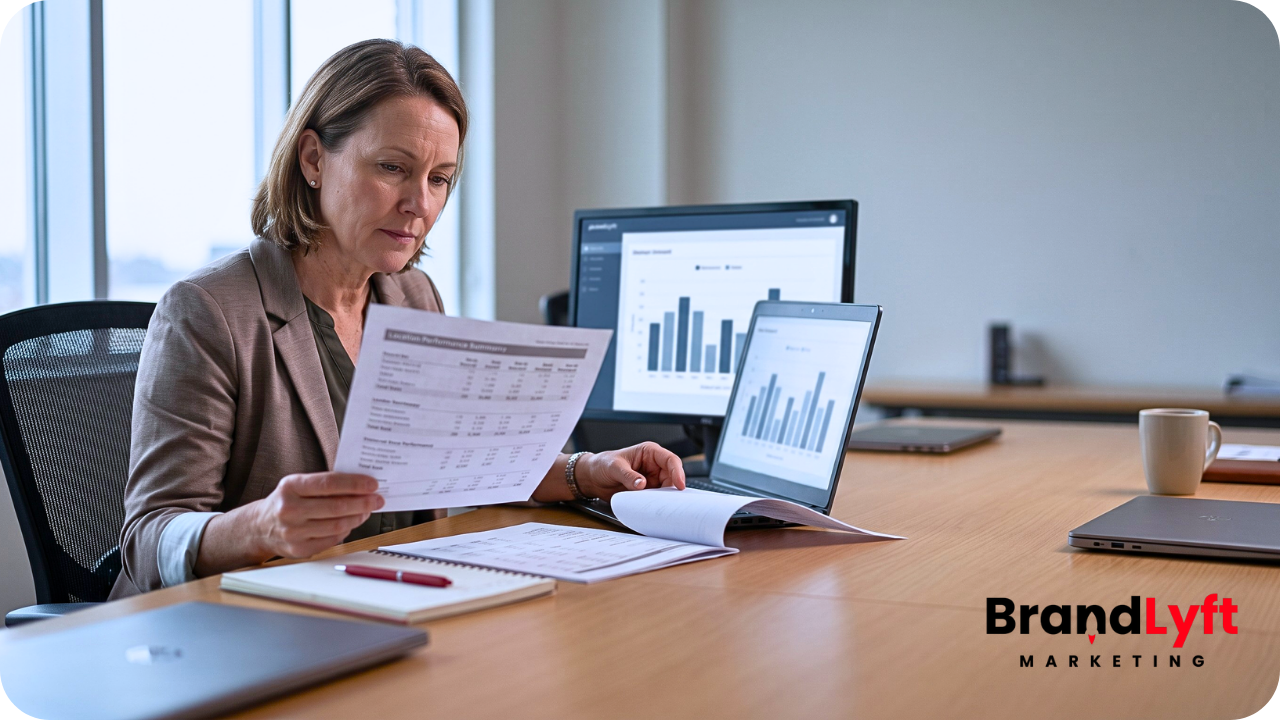 Franchise operations leader reviewing location reports as part of GoHighLevel agency for franchises post-launch reporting support.