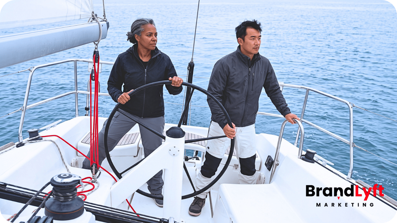 Two sailors briefly sharing control of a moving sailboat during a helm handover, representing active work surviving a CRM cutover.