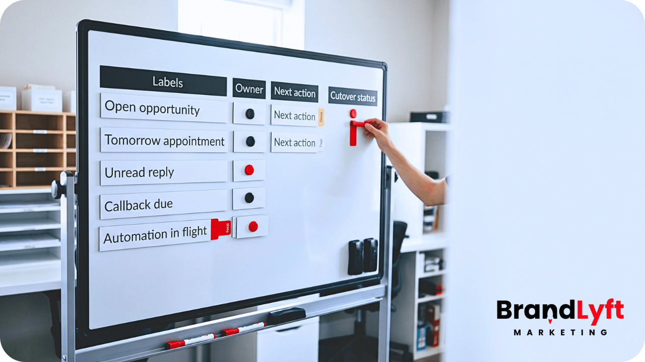 Rolling operations board showing active opportunities, appointments, replies, and callbacks tracked during a GoHighLevel CRM cutover.