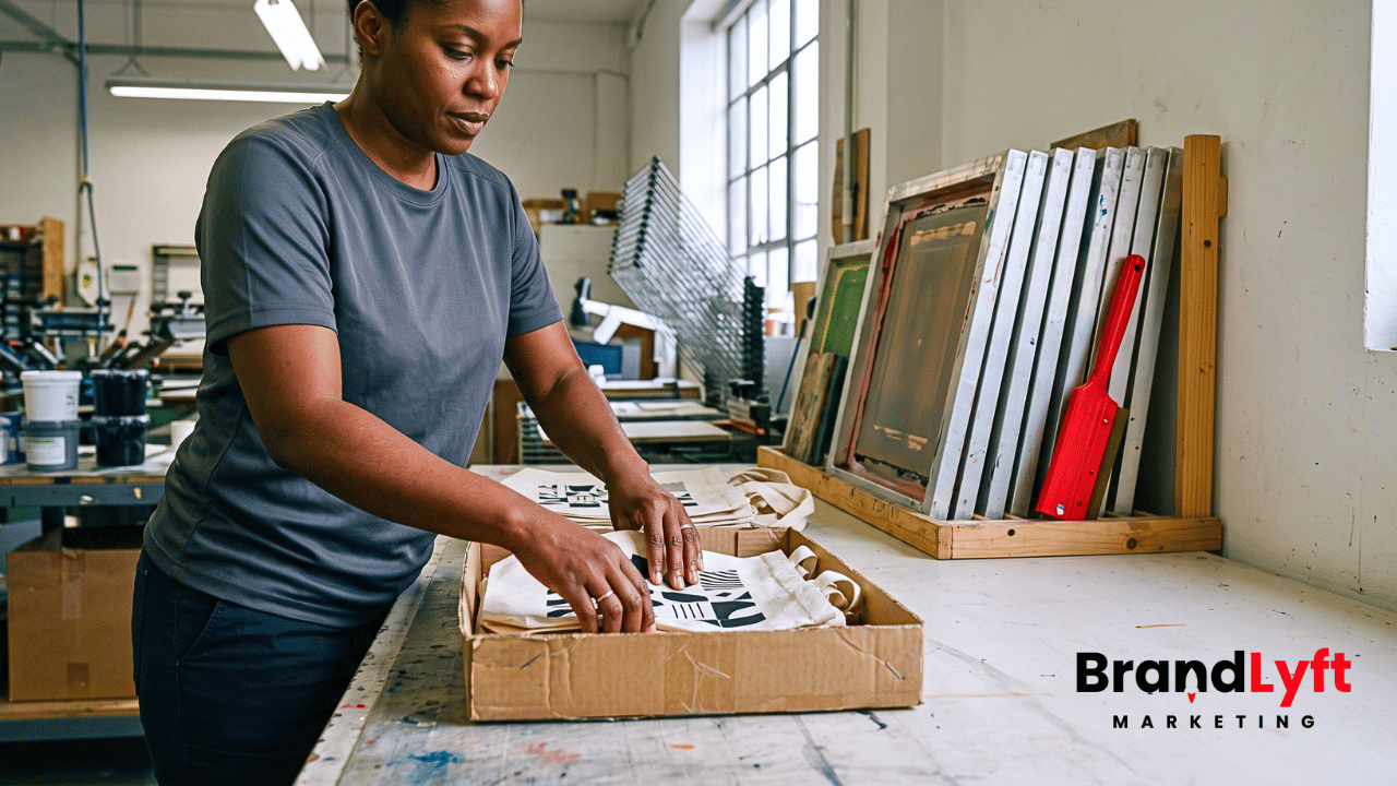 Screen-printing worker packing finished local materials while reusable master screens remain during GoHighLevel franchise offboarding