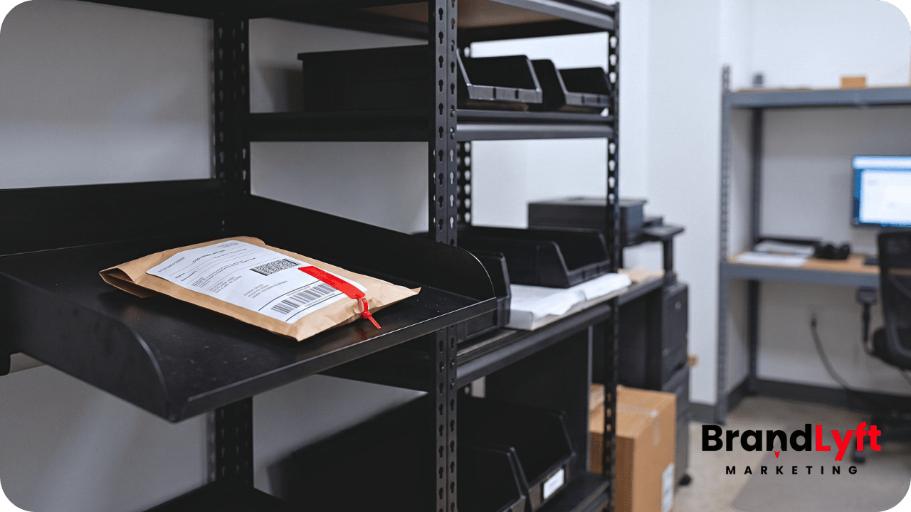 Received parcel at an internal intake shelf with an empty downstream destination representing a GoHighLevel integration that was delivered but not fully completed
