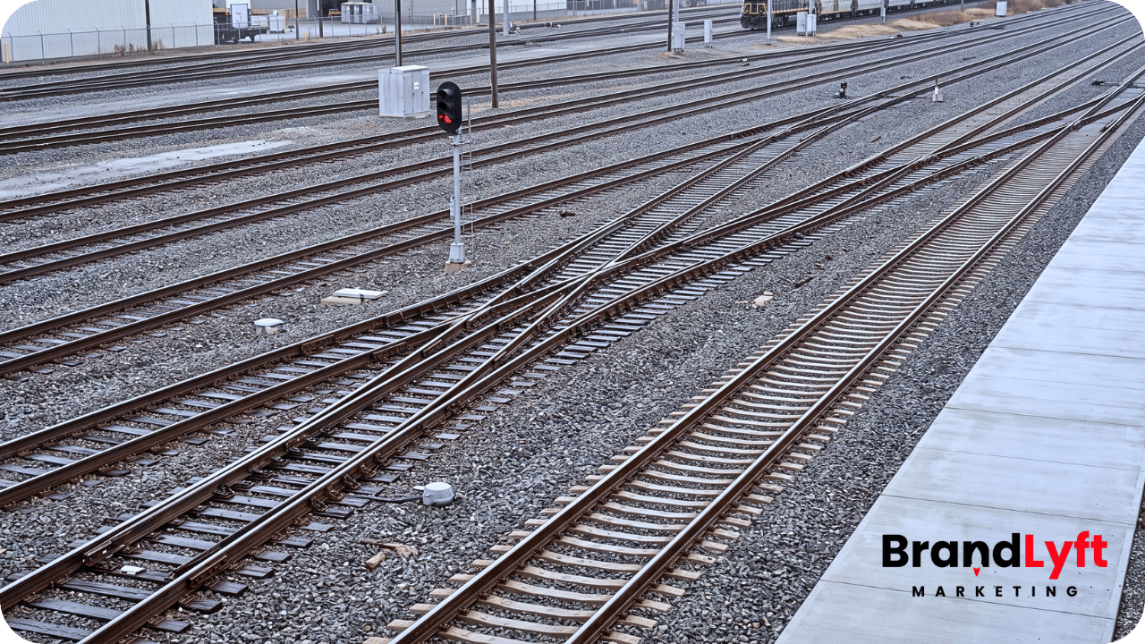 Railway crossover connecting independent tracks as a visual metaphor for cross-location work handled by an operations portal.