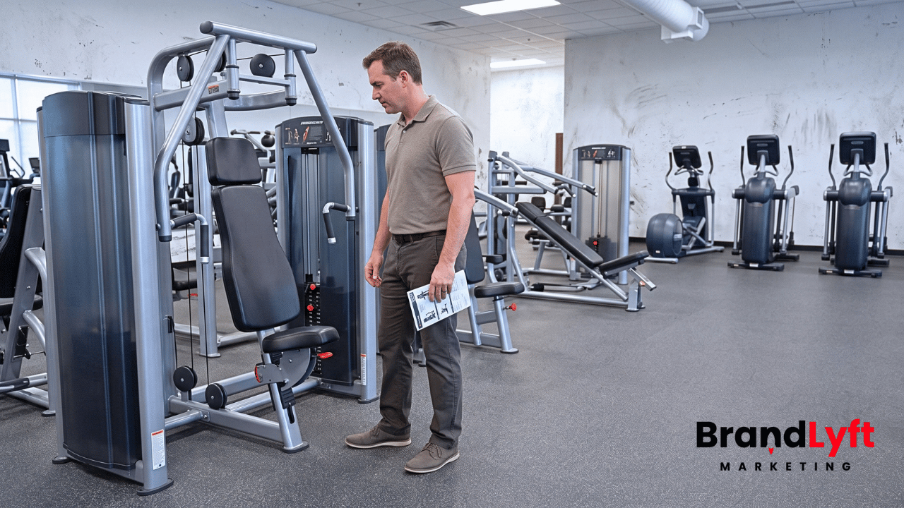 Facility buyer comparing commercial exercise equipment in a fitness showroom