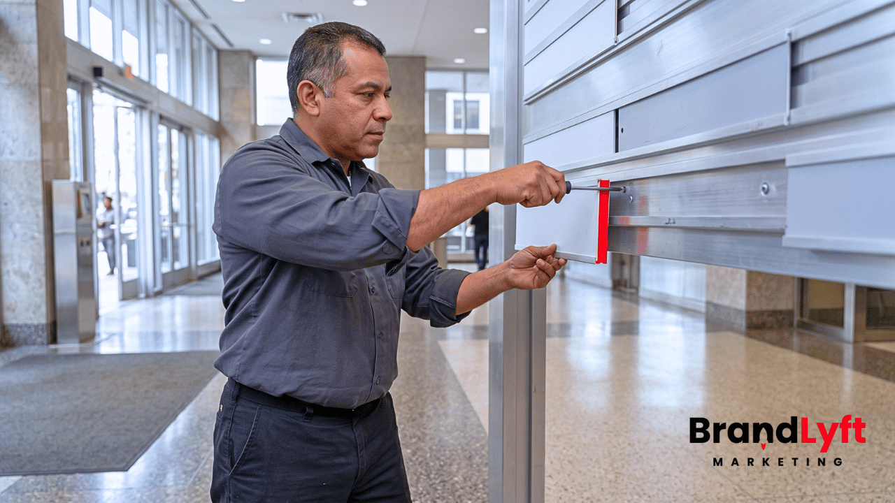Installer moving a removable directory panel between slots, representing a sending domain being reassigned between GoHighLevel locations.