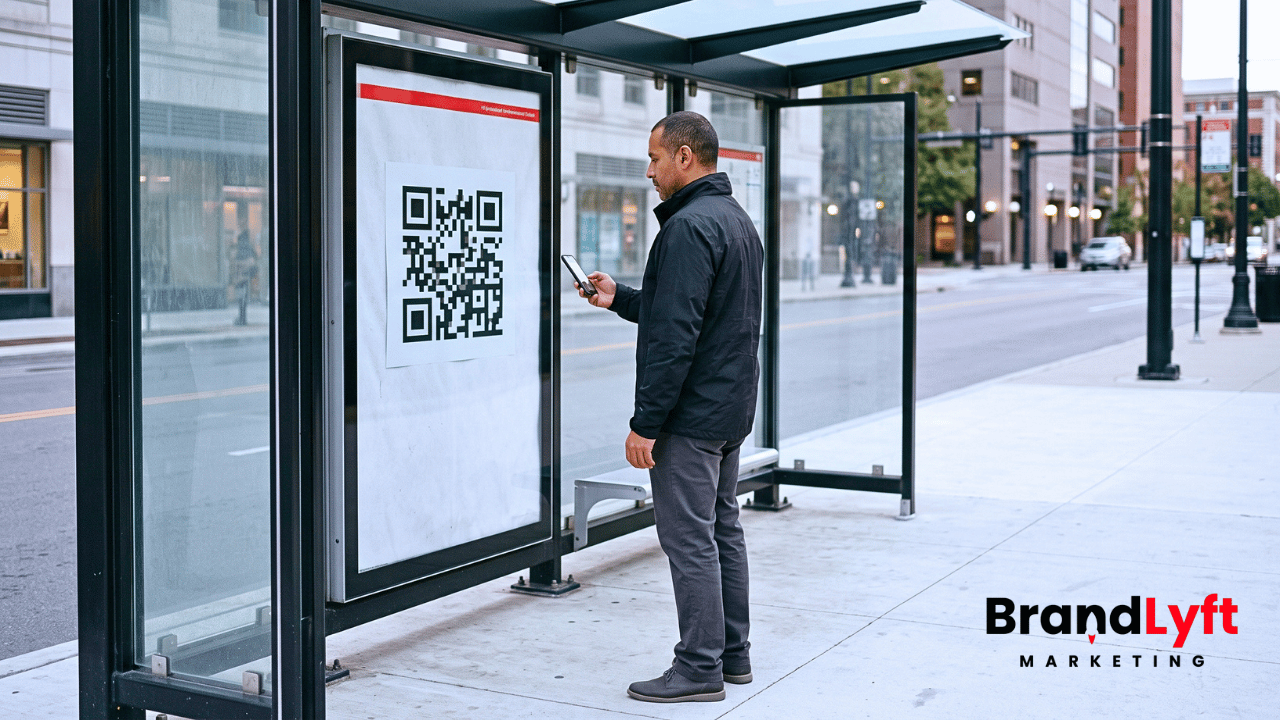 Customer scanning a QR code at a transit shelter, showing how outside links can keep an old GoHighLevel funnel domain in circulation.