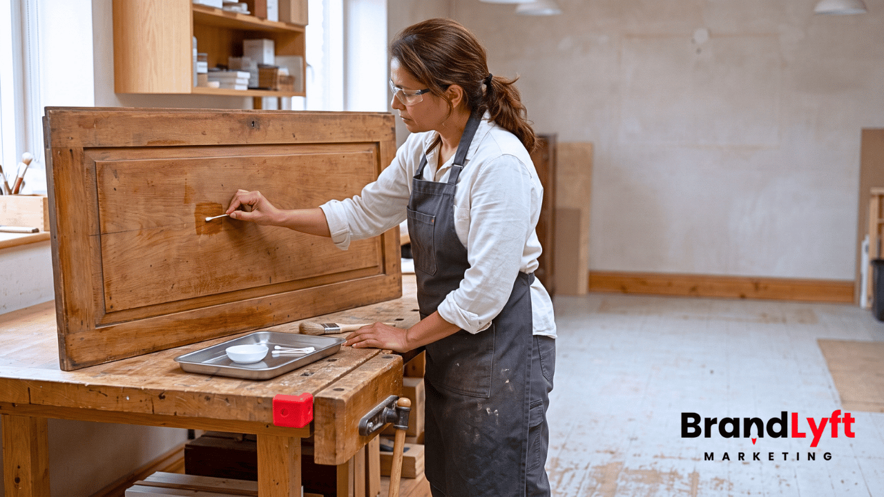 Furniture conservator testing a small cleaning area before treating the full wooden panel.