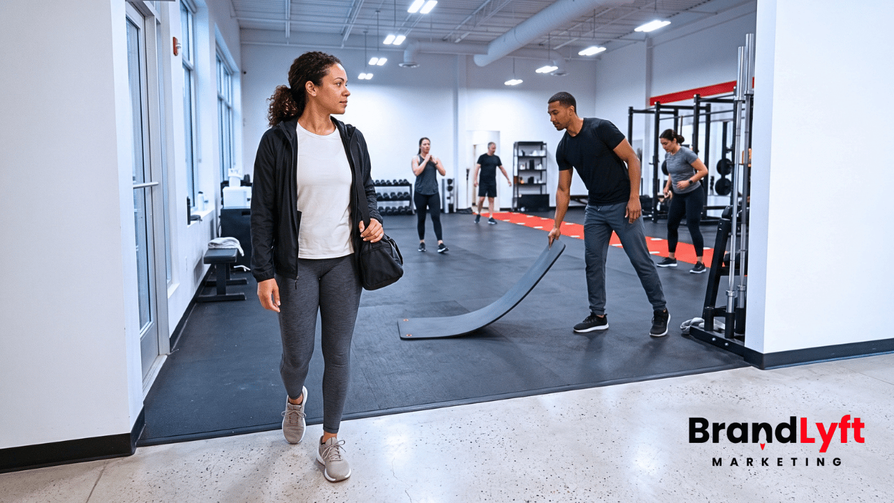 Prospective member entering an active gym for a first session while a coach prepares an open training station