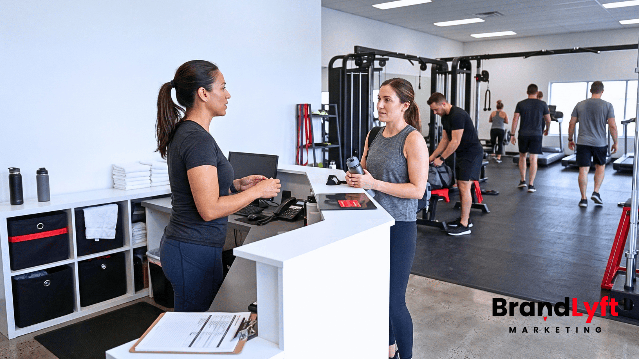 Gym staff member greeting a trial visitor at check-in while a coach resets the training floor in the background