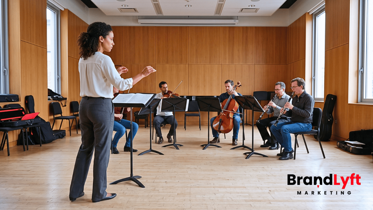 Conductor leading a small chamber ensemble during a daytime rehearsal