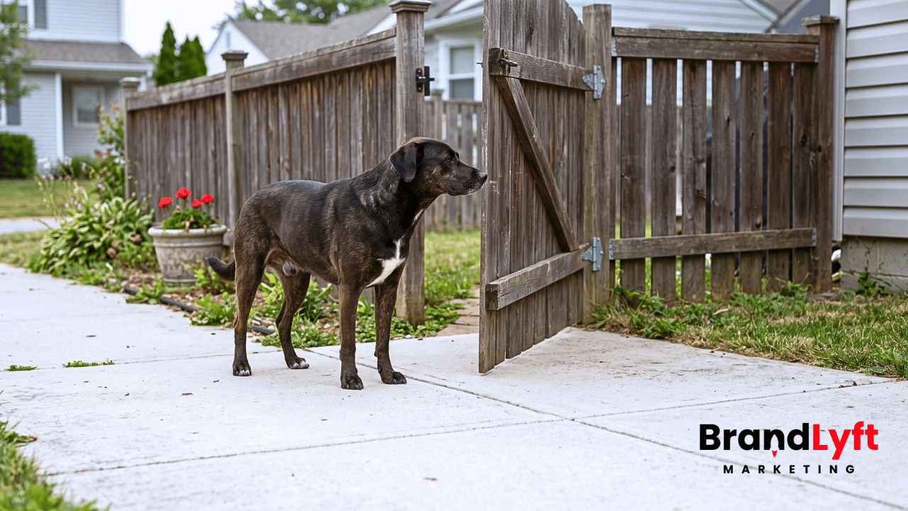 Calm dog standing beside a partially open residential gate on a quiet neighborhood sidewalk.