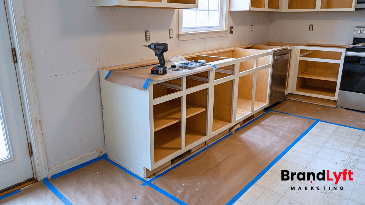 Partially installed kitchen cabinets with unfinished toe-kick trim and installation materials in a residential remodeling project.