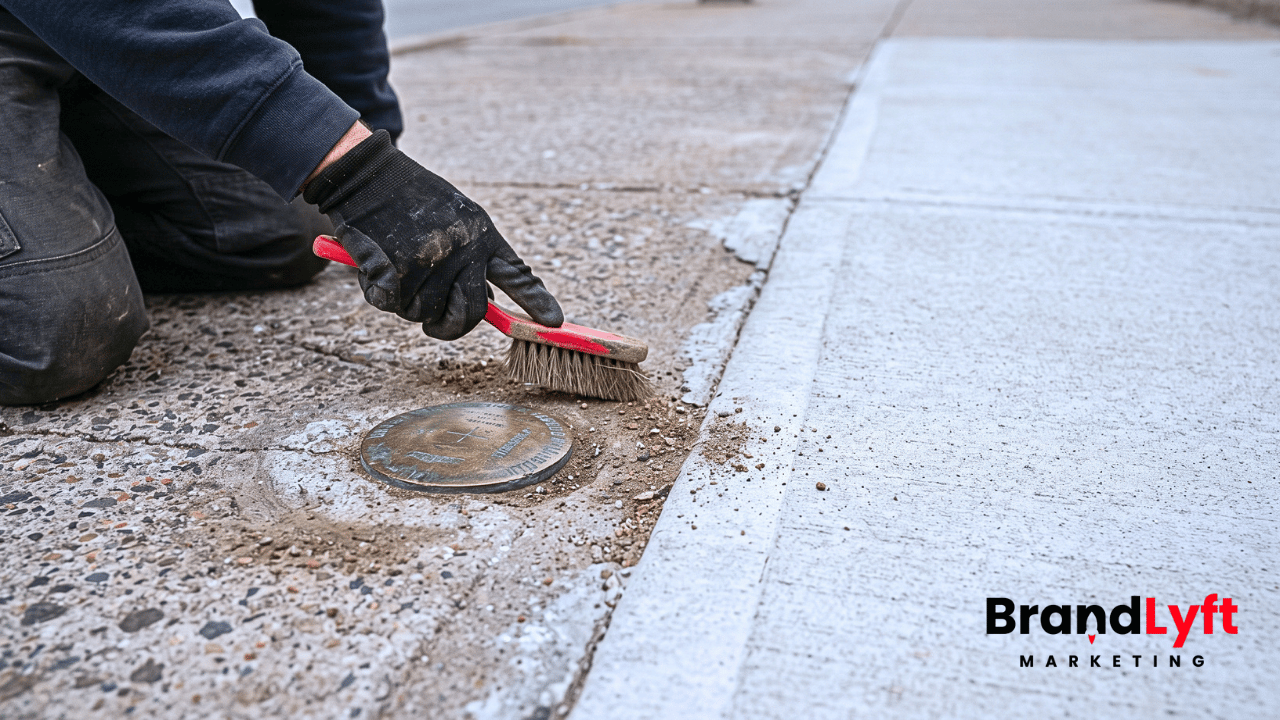 Survey technician brushing dirt from a brass benchmark embedded in older sidewalk concrete beside a recently resurfaced section.