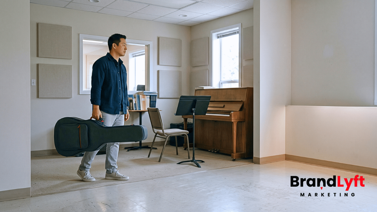 Adult music student holding a guitar case while looking toward an empty teaching station inside a professional lesson studio.