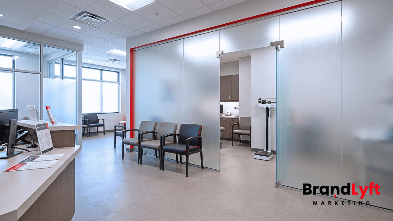 Medical weight loss clinic reception separated from a private clinical area by a frosted privacy partition, with clinical equipment visible beyond.