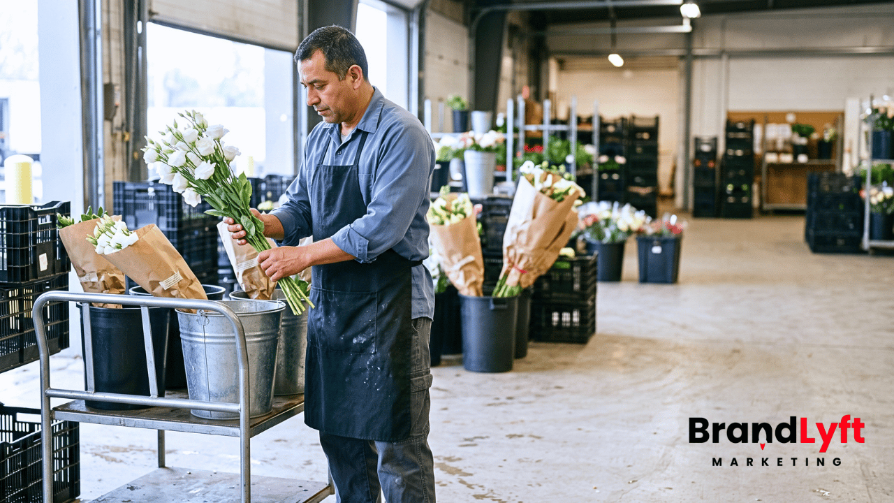 Wholesale flower worker inspecting an untagged bundle of white lisianthus beside other flower shipments with identification bands.