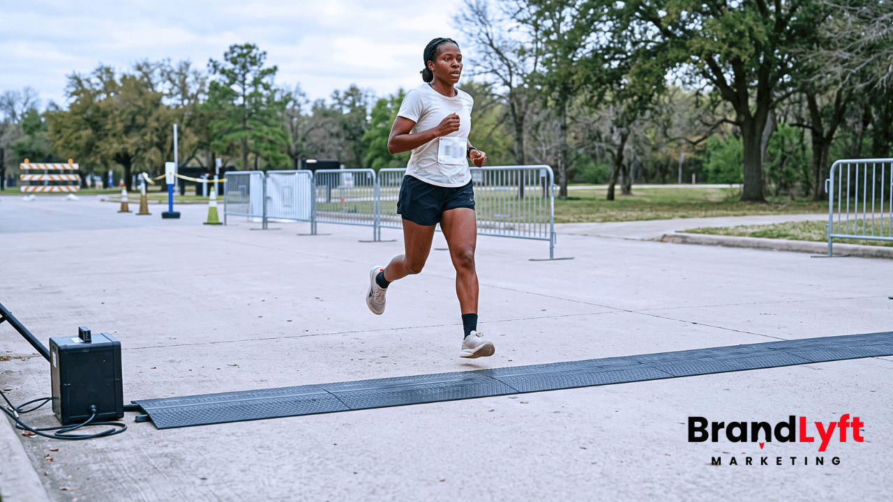 Runner approaching an electronic finish-line timing mat on a paved community race course before crossing it.