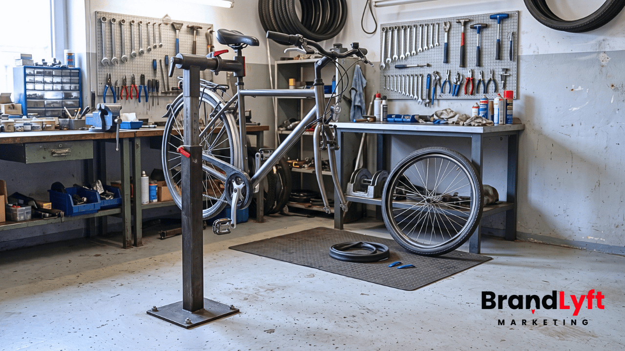 Commuter bicycle secured in a repair stand with its front wheel removed and tire-service materials on a nearby workbench.