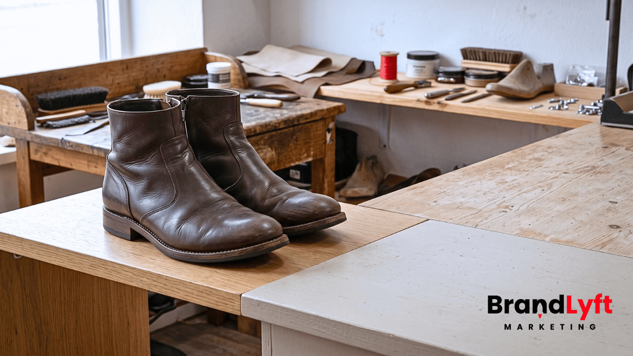 Repaired customer boots ready for pickup inside a shoe repair workshop