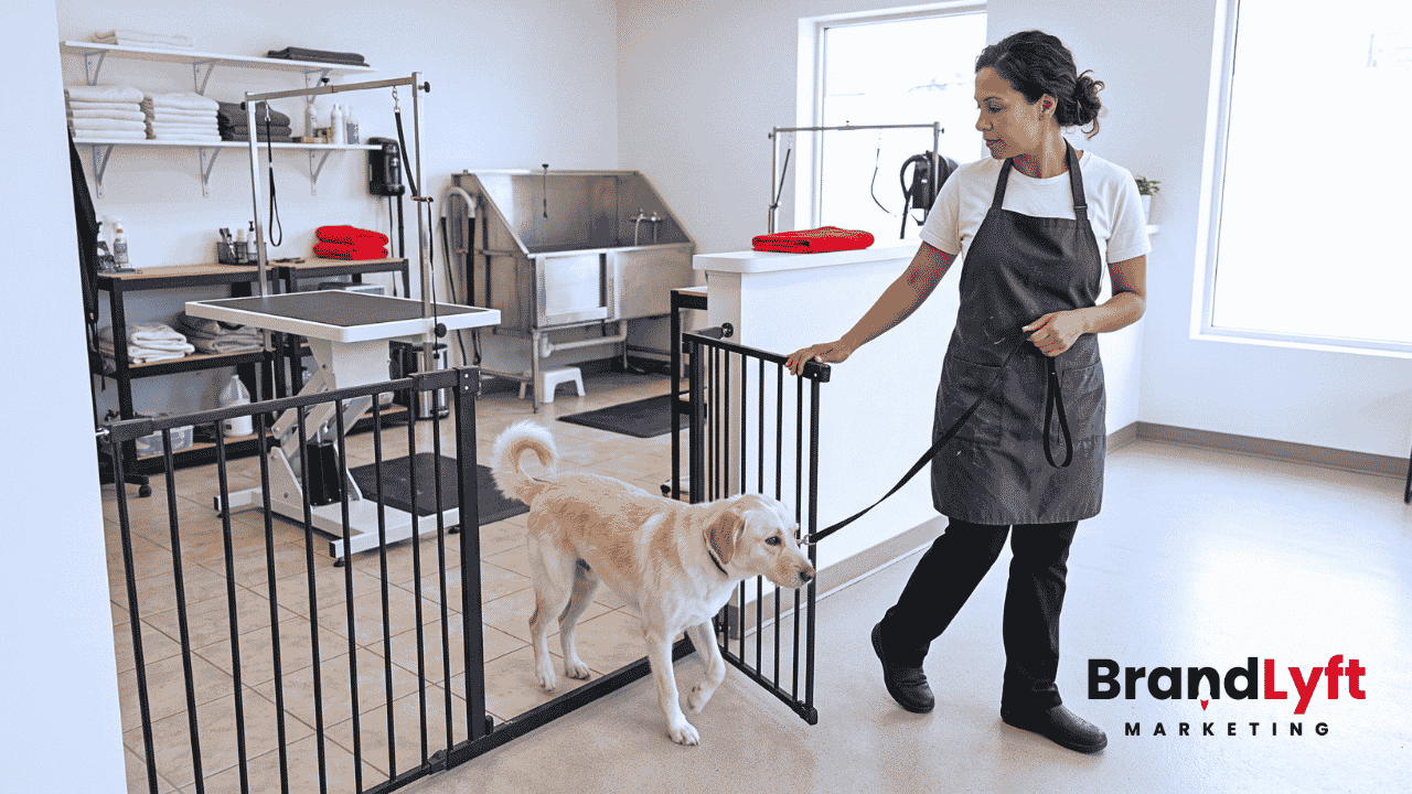 Dog groomer guiding a completed grooming customer into the pickup area