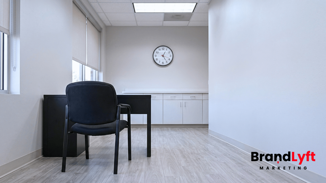 Empty consultation chair in a medical weight loss clinic after a missed appointment, with an analog wall clock visible nearby.
