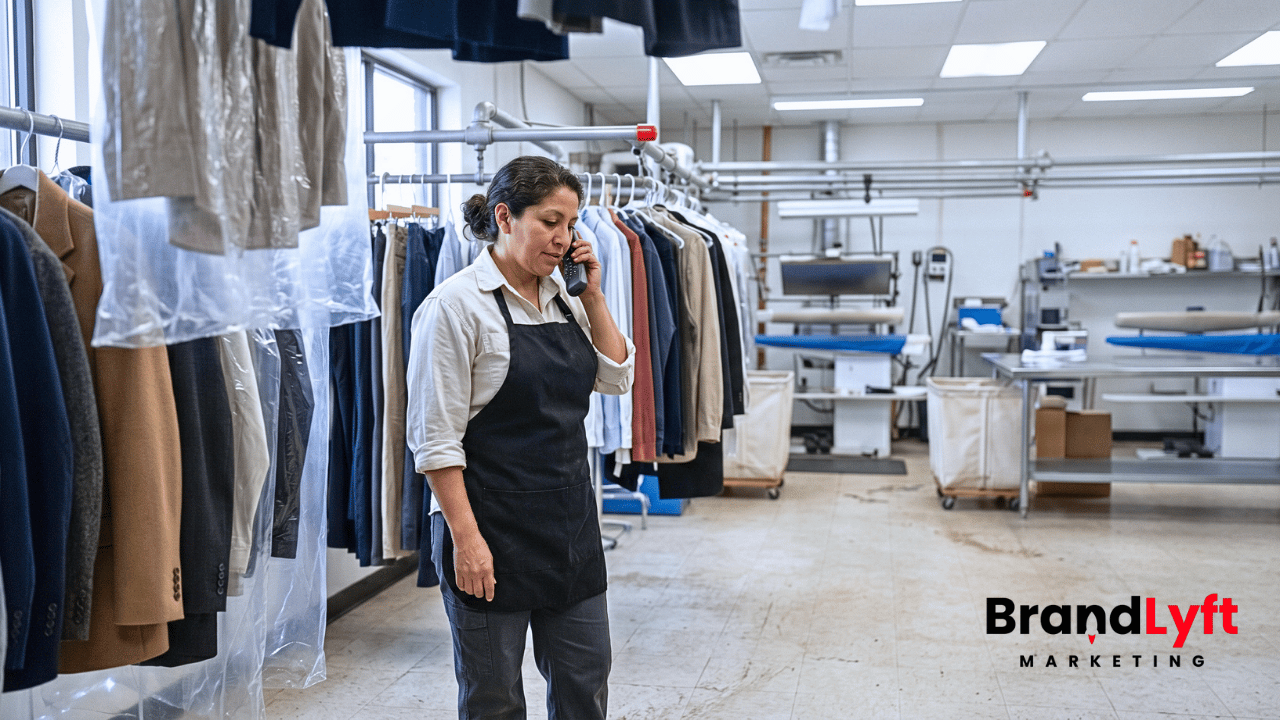 Dry-cleaning branch employee answering a cordless business telephone beside hanging garment racks in a working service location.