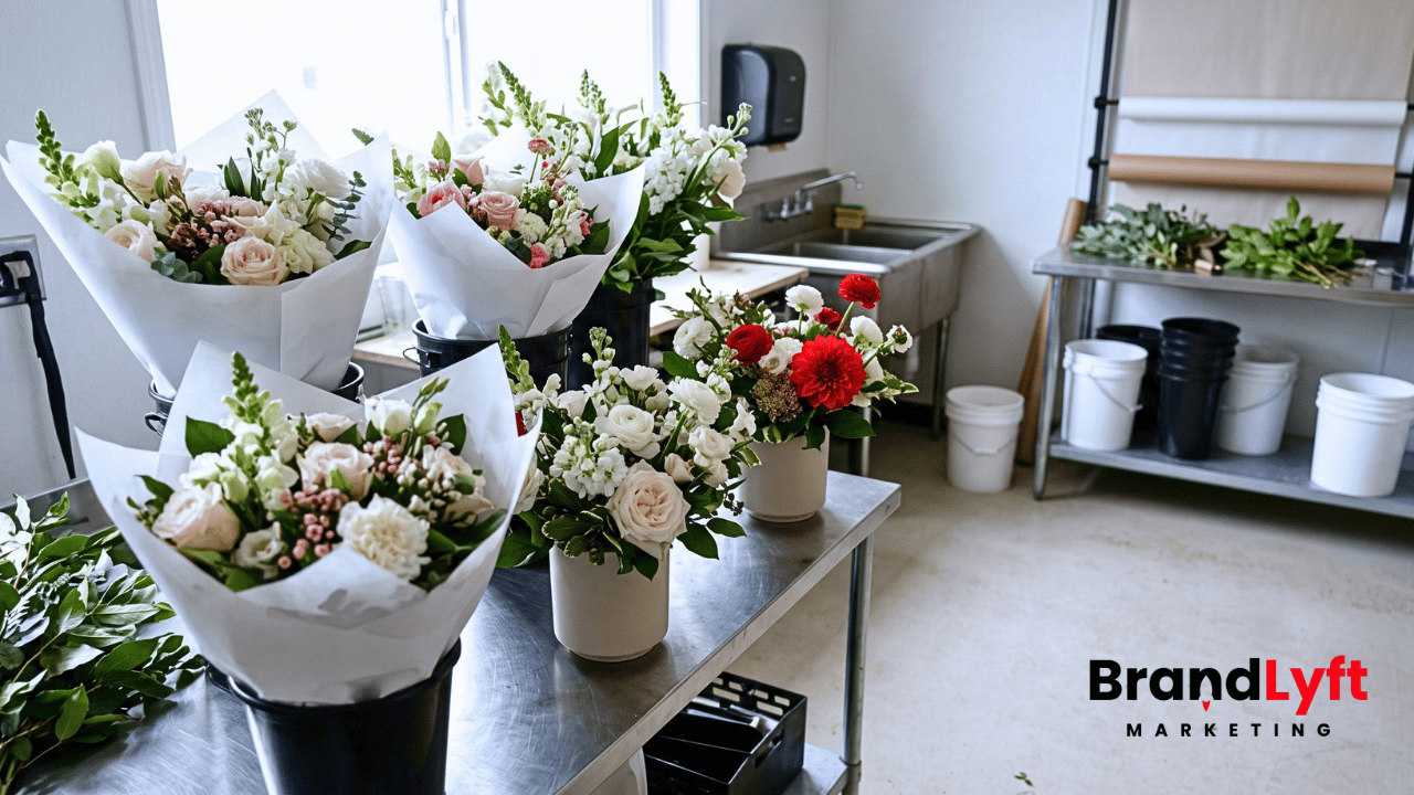 Completed customer floral orders staged for pickup inside a small business
