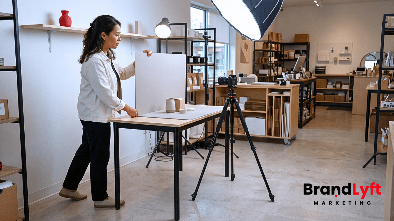 Small business owner adjusting a product advertising set inside her retail shop