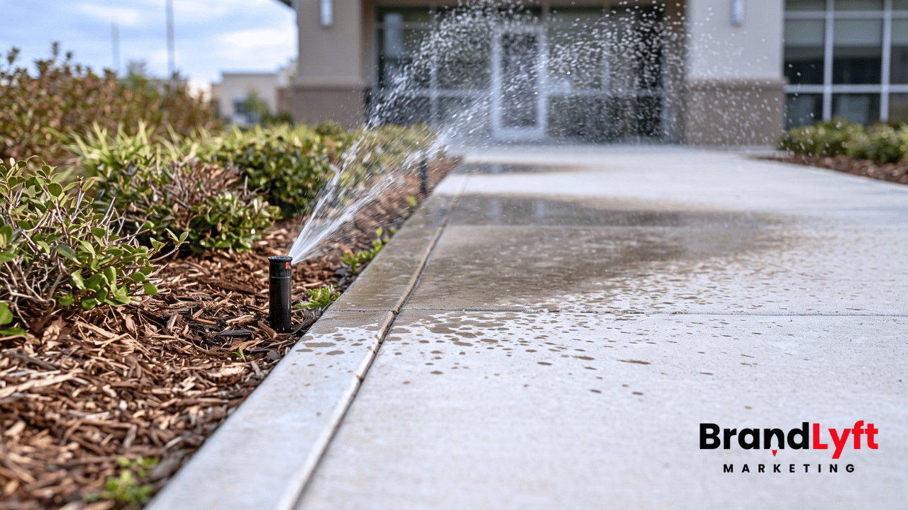 Misaligned irrigation sprinkler spraying water onto a concrete walkway beside a planted commercial landscaping bed.
